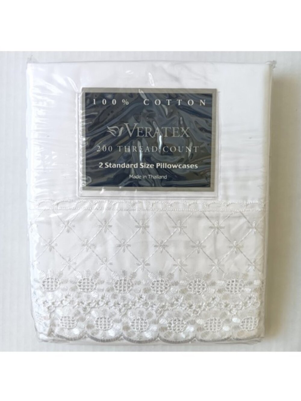 Veratex White Cotton Standard Size Embroidered Lace Detail Pillowcases-Set of 2